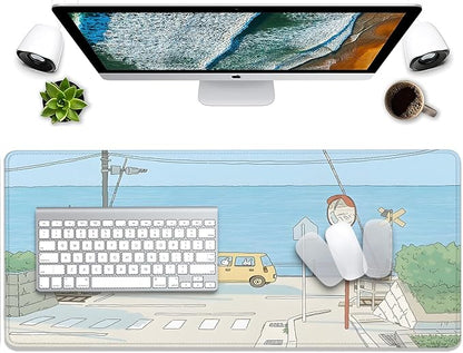 Cute Desk Mat Kawaii Anime Large Gaming Mouse Pad Cartoon Rabbit Desk Pad,Stitched Edges Non-Slip Waterproof Rubber Base Mous Mat for Office,Computer,Keyboard,Laptop and Home Desk Pad(27.5X11.8 in)