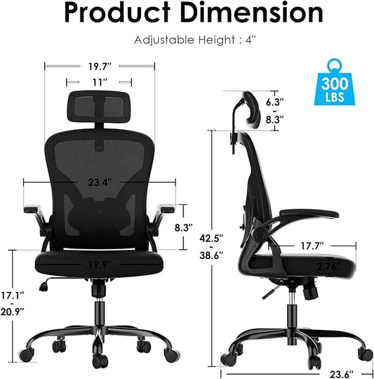 Farini Ergonomic Office Chair, Home Office Desk Chair with Headrest, High Back Swivel Computer Chair with Armrests and Adjustable Lumbar Support for Home Office Study Room, Black & Dark Black