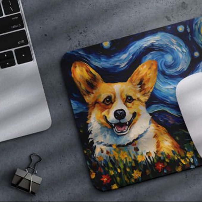 Starry Night Dog Mouse Pad for Home Office Gaming Working Desk Computer Desktop Accessories Non-Slip Rubber Mouse Pad for Dog Lovers (Corgi)
