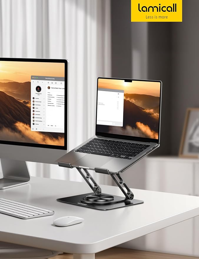 Lamicall Adjustable Laptop Stand for Desk - 360° Rotating Base Ergonomic Computer Stand, Aluminum Laptop Riser Foldable Protable for Office Home fits MacBook Neo Air Pro, Dell, HP (10-17.3'') - Black