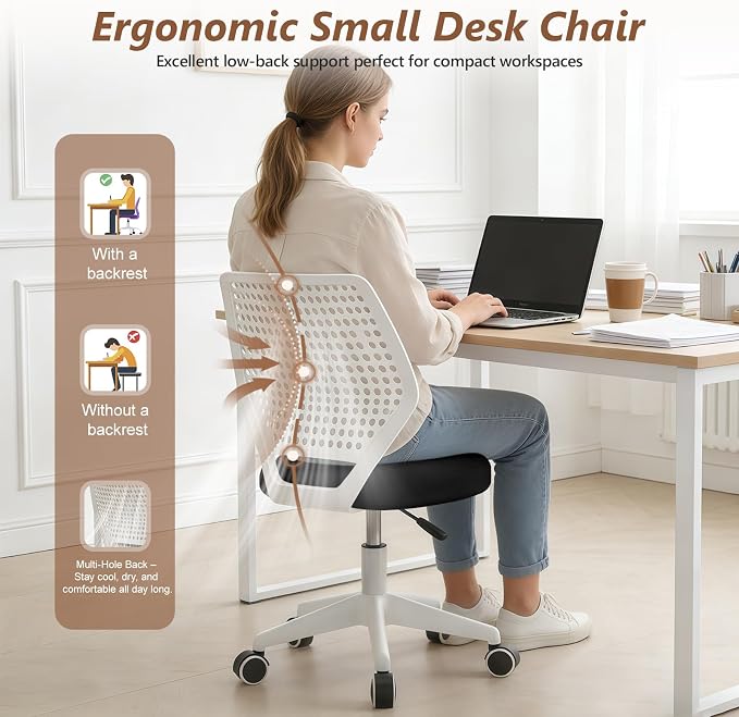 Small Office Chair with Wheels, Armless Desk Chair Height Adjustable Swivel Rolling Task Chair Breathable Mesh Ergonomic Computer Work Chair for Adult, Black and White