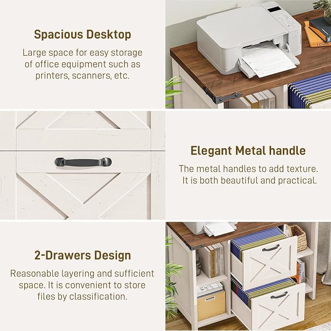 Halitaa 2 Drawer File Cabinet, Farmhouse Lateral Filing Cabinet Fits File Letter or A4 Size, Wooden Printer Stand with Open Storage Adjustable Shelf for Home Office, Rustic White