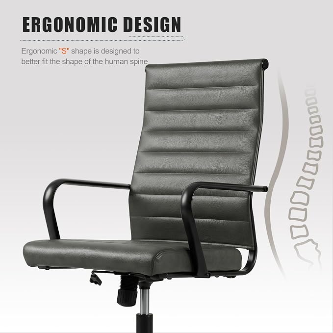 Okeysen Genuine Leather Office Desk Chair, Mid-Century Modern Real Leather Conference Room Chairs, Ergonomic Executive Ribbed Height Adjustable Swivel Rolling Chair for Home Office.