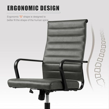 Okeysen Genuine Leather Office Desk Chair, Mid-Century Modern Real Leather Conference Room Chairs, Ergonomic Executive Ribbed Height Adjustable Swivel Rolling Chair for Home Office.
