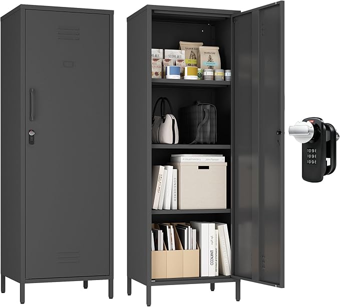 Steehoom Metal Locker Cabinet with Lock, Lockable Single Door Storage Cabinet Steel File Locker with 3 Adjustable Shelves for Living Room, School, Garage, Home, Office, Pantry (Black, H59.06'')