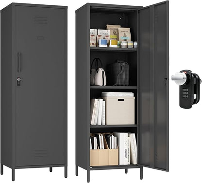 Steehoom Metal Locker Cabinet with Lock, Lockable Single Door Storage Cabinet Steel File Locker with 3 Adjustable Shelves for Living Room, School, Garage, Home, Office, Pantry (Black, H59.06'')