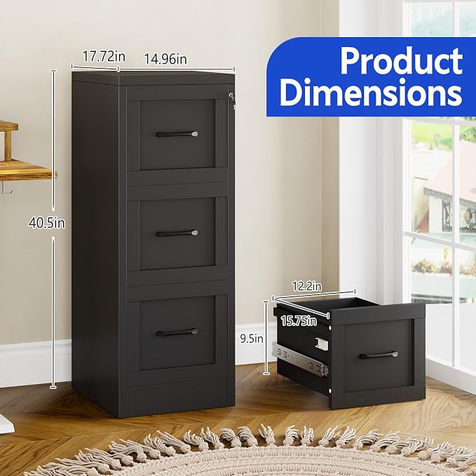 Small Metal 3-Drawer File Cabinet, Under-Desk Filing Cabinet, Black | Locking, Adjustable Hanging Rail, Fit A4, FC, Letter, Hanging File Folders for Home Office Storage Organization, 2PS