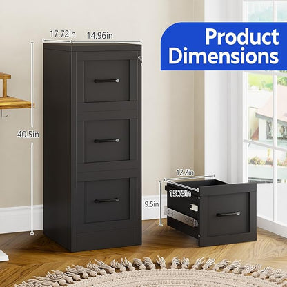 Small Metal 3-Drawer File Cabinet, Under-Desk Filing Cabinet, Black | Locking, Adjustable Hanging Rail, Fit A4, FC, Letter, Hanging File Folders for Home Office Storage Organization, 2PS