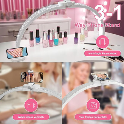 Half Moon Light for Nail Desk 31" Foldable LED Nail Desk Lamp with Phone Holder, Professional Nail Tech Light for Manicure & Beauty Studio
