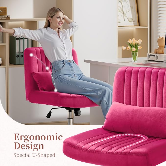 Warmiehomy Criss Cross Office Chair with Wheels, Velvet Cross Legged Desk Chairs for Home, Height Adjustable Swivel Wide Seat Computer Chair, Modern Vanity Chair for Women, Hot Pink