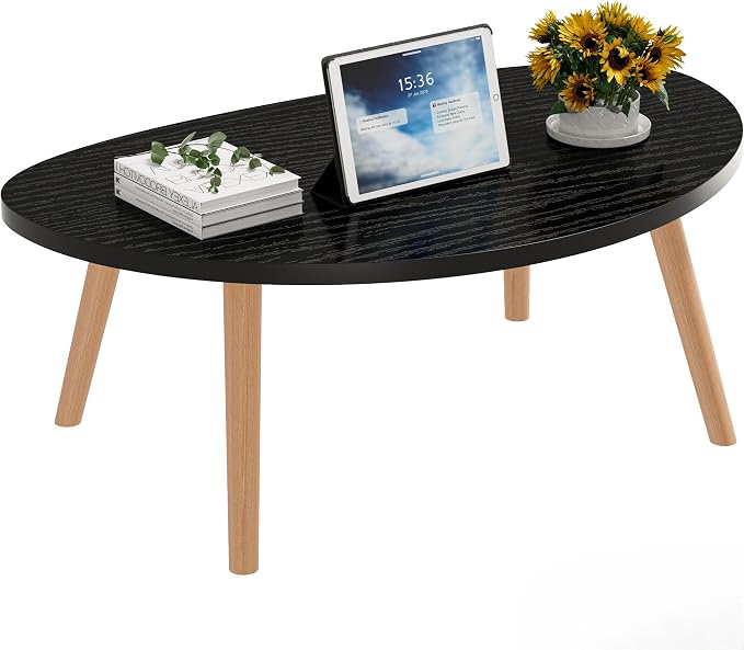 Coffee Table Low Table with Solid Wood Legs, 31.5x19.7 Large Coffee Table Side Table, Floor Table Desk for Sitting on The Floor, Living Room Furniture for Office Apartment Home, Pebble-Black