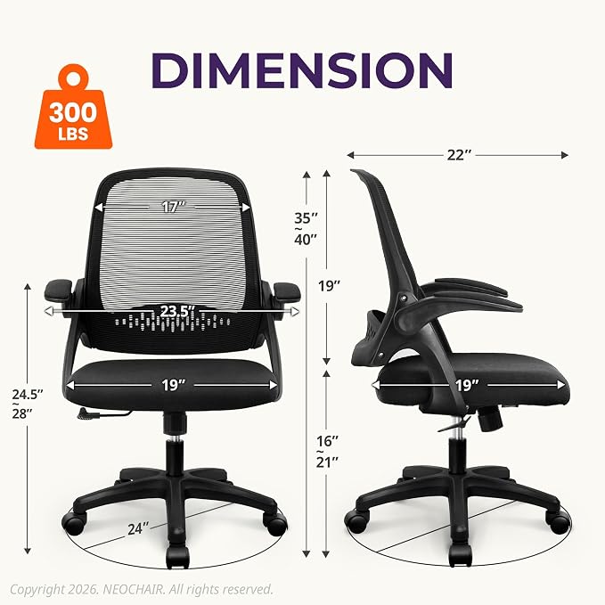 NEO CHAIR Office Desk Chair Computer Gaming Ergonomic Lumbar Back Support with Flip-up Padded Armrest Adjustable Height and Wheels for Home Vanity Bedroom Study (All Black)