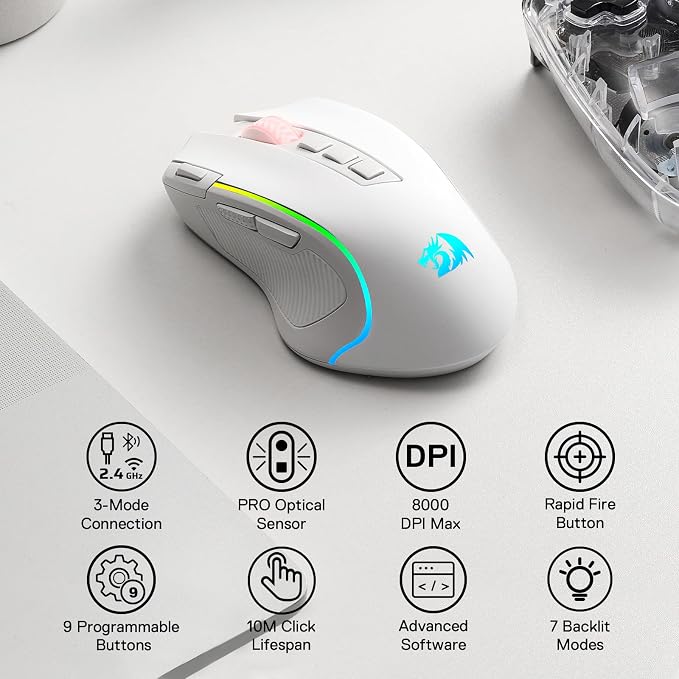 Redragon M612 PRO RGB Gaming Mouse, 8000 DPI Wired/Wireless Optical Mouse with 9 Programmable Buttons & 6 Backlit Modes, BT & 2.4G Wireless, Software Supports, White