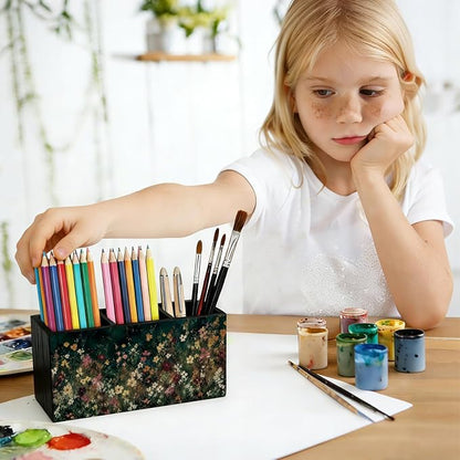 Moody Floral Pen Pencil Holder for Office Desk Accessories Decor | Cottagecore Office Accessories for Women, Wildflower Pen Pencil Wooden Organizer Decorations for Dorm Room Bedroom Tabletop