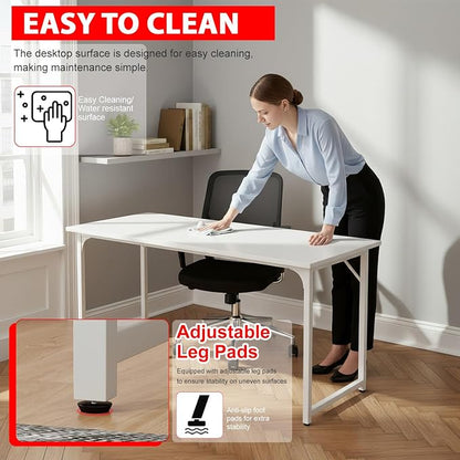 PayLessHere | 55 Inch Computer Desk | White | Office Desk with Metal Frame, Adjustable Feet | Water-Resistant, Scratchproof Surface | Sturdy Writing Table for Home Office or Study | Pack of 1