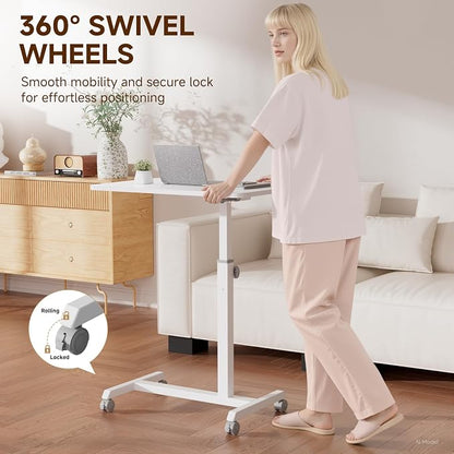 GTPLAYER Small Standing Desk, 24 Inches Foldable Mobile Rolling Laptop PC Table with Lockable Casters, Adjustable Height Overbed Bedside Table Computer Workstation for Home Office, White-Foldable