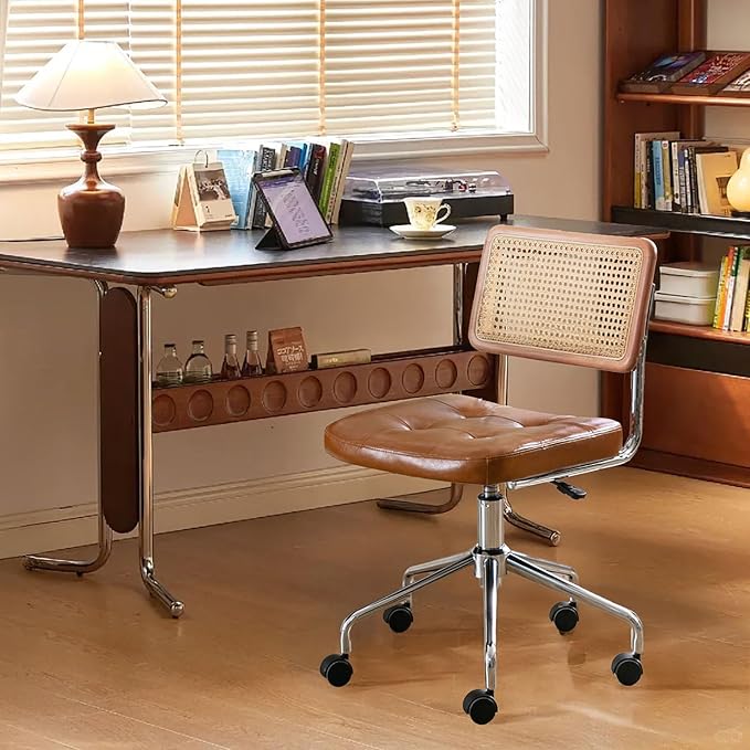 Zesthouse Leather Office Desk Chair with Wheels, Mid Century Rolling Desk Chair with Natural Rattan Back, Modern Swivel Home Office Chair, Small Height Adjustable Computer Task Chair, Brown