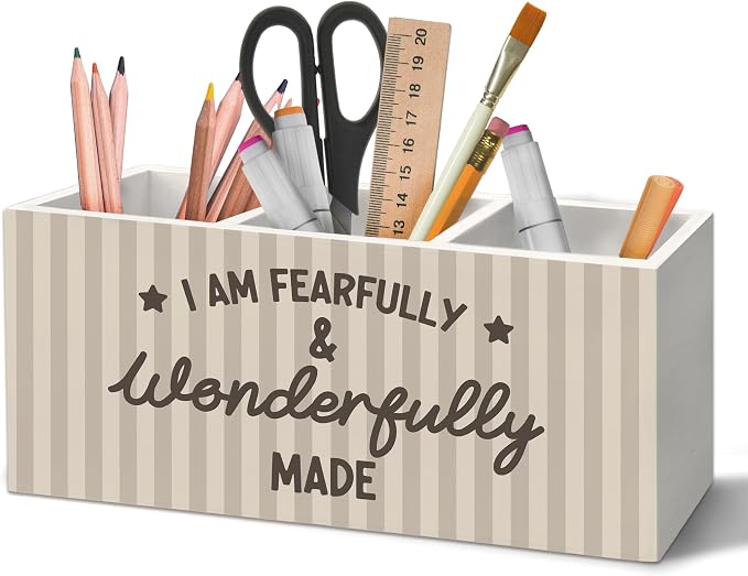 Christian Pen Holder Organizer for Desk Accessories, Christian Gifts for Women, I Am Fearfully and Wonderfully Made Bible Verse Wooden Box Sign Desk Decorations for Home Office Decor
