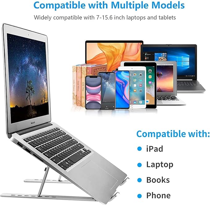 Leeboom Laptop Stand for Desk, Adjustable Foldable Aluminum Riser, Silver | Supports most 10-15.6 inch laptops and tablets with adjustable height and angle for improved comfort