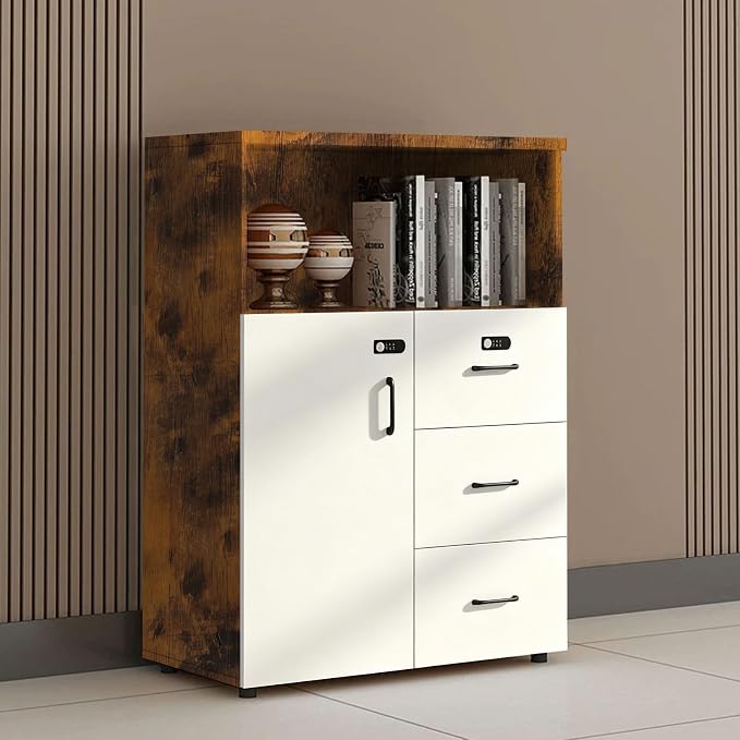 File Cabinet with Password Lock, Wood Lateral Filing Cabinet for Letter/A4 Files, 3 Drawer with Door, Printer Stand with Open Shelves for Home Office