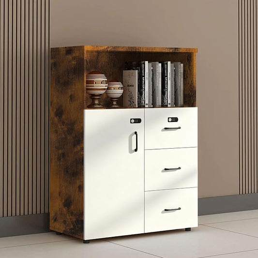 File Cabinet with Password Lock, Wood Lateral Filing Cabinet for Letter/A4 Files, 3 Drawer with Door, Printer Stand with Open Shelves for Home Office
