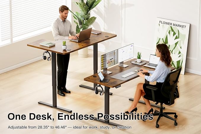 EcoZen Standing Desk Electric Height Adjustable Desk 55 x 33.5 Inches L Shaped Sit Stand up Desk, Computer Home Office Desk Memory Preset with Two-Piece Fir Wood Desktop (Vintage Brown, 55*33.5 Inch)