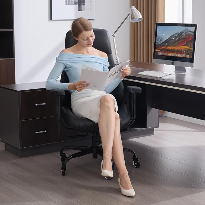 Office Chair with Rubber Wheels, Ergonomic Computer Chair 500 lbs, Leather Desk Chair with Lumbar Support, Executive Chair Adjustable Height & Recline, Black | Ergonomic, Lumbar Support, 360° Swivel & Rolling Wheels, Adjustable Height, for Adults & Women