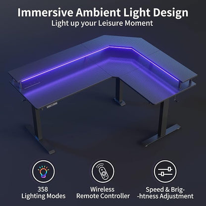 FEZIBO 63"x49" L Shaped Standing Desk with LED Strip & Power Outlets, Height Adjustable Stand up Corner Gaming Desk with Ergonomic Monitor Stand, Black Top/Black Frame（2 Packages）