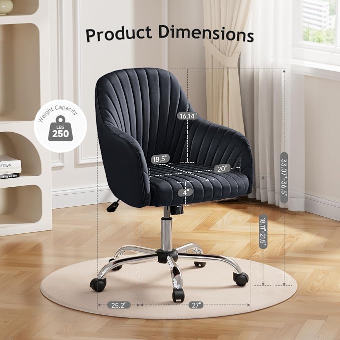 Warmiehomy Velvet Desk Chair for Home Office, Modern Adjustable Swivel Task Chair, Women Vanity Chairs with Arm Rest for Bedroom Dressing Room, Classic Black