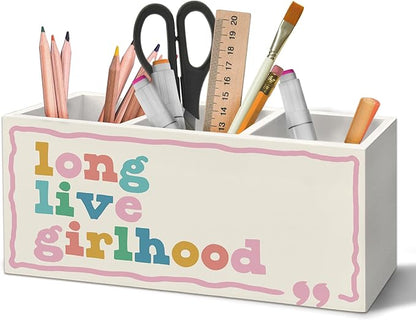 Girl Nursery Decor Pen Holder Organizer for Desk Accessories, Girls Room Decor, Long Live Girlhood Wooden Box Sign Desk Decorations for Kids Girls Room Classroom Bedroom