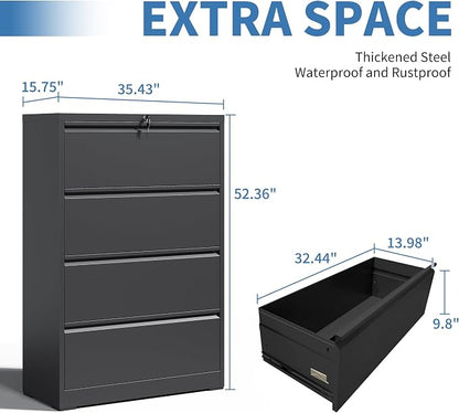 4 Drawer File Cabinets,Metal Office Storage Filing Cabinet with Lock,Black Lateral Filing Cabinet for Home Office,Horizontal Locking File Cabinet for Legal/Letter/A4,Assembly Required,Black