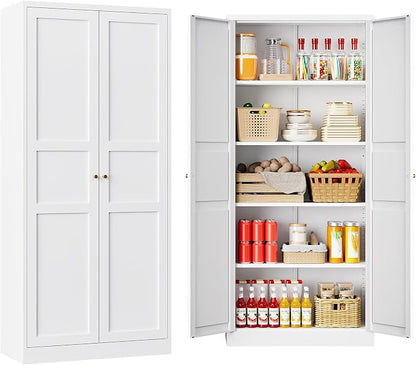 71" Tall Kitchen Pantry Storage Cabinet with 2 Doors and 5 Adjustable Shelve, Metal White Food Pantry Cabinet, Kitchen Cabinet Storage Unit,6 Tier Freestanding Cupboard for Kitchen Dining/Living Room