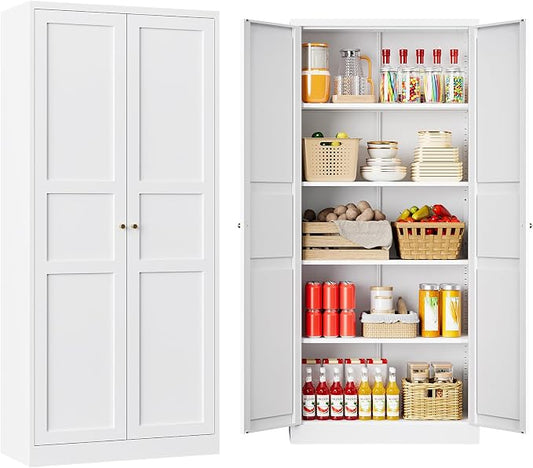 71" Tall Kitchen Pantry Storage Cabinet with 2 Doors and 5 Adjustable Shelve, Metal White Food Pantry Cabinet, Kitchen Cabinet Storage Unit,6 Tier Freestanding Cupboard for Kitchen Dining/Living Room