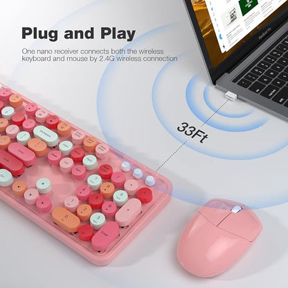 MOFII Wireless Keyboard and Mouse Combo, Full Size Typewriter Keyboard with Multi-Media Function Keys and Number Pad for Office PC Computer Laptop Desktop Windows (Pink Colorful)
