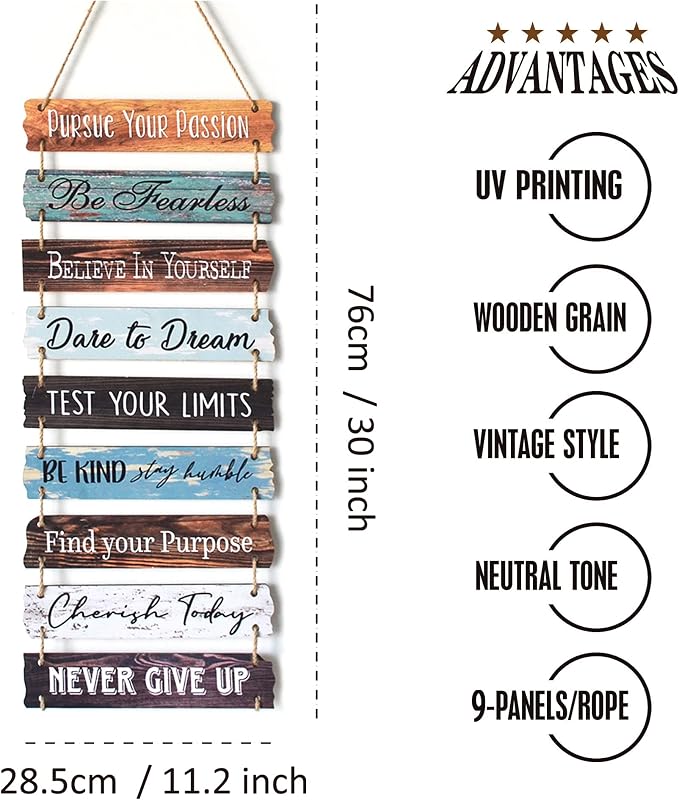 Yudarte Inspirational Wall Art 9pcs Strung Wooden Panels - Farmhouse Rustic Office Decorations for Work - Motivational Wall Decor for Home Bedroom Living Room