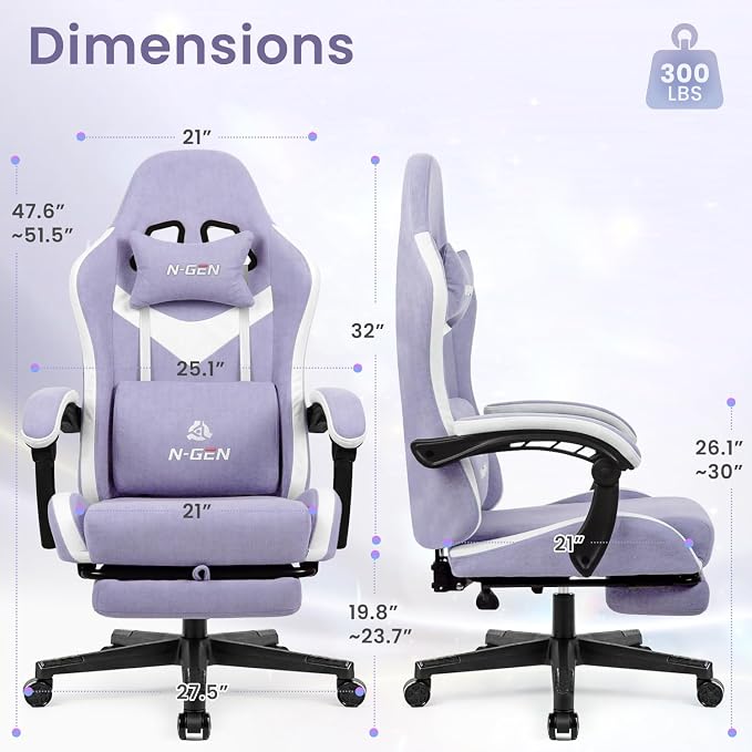 N-GEN GAMING Gaming Chair Video Game Computer Office Desk Use Ergonomic Reclining Backrest Adjustable Armrests Lumbar Support Footrest High Density Foam Breathable Fabric Heavy Duty Base (Purple)