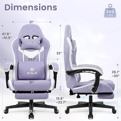 N-GEN GAMING Gaming Chair Video Game Computer Office Desk Use Ergonomic Reclining Backrest Adjustable Armrests Lumbar Support Footrest High Density Foam Breathable Fabric Heavy Duty Base (Purple)