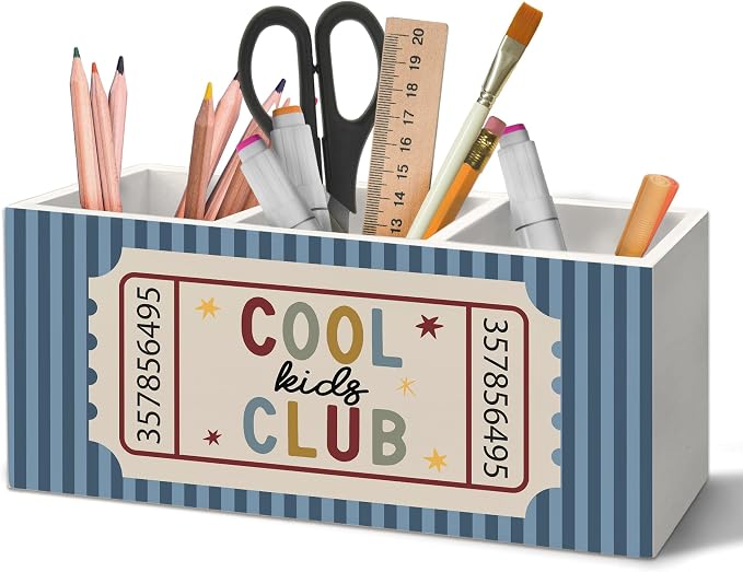 Classroom Pen Holder Organizer for Desk Accessories, Kids Room Decor, Cool Kids Club Retro Blue Striped Wooden Box Sign Desk Decorations for Classroom Boys Girls Room Bedroom Decor