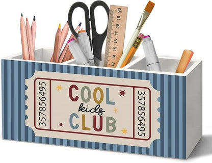 Classroom Pen Holder Organizer for Desk Accessories, Kids Room Decor, Cool Kids Club Retro Blue Striped Wooden Box Sign Desk Decorations for Classroom Boys Girls Room Bedroom Decor