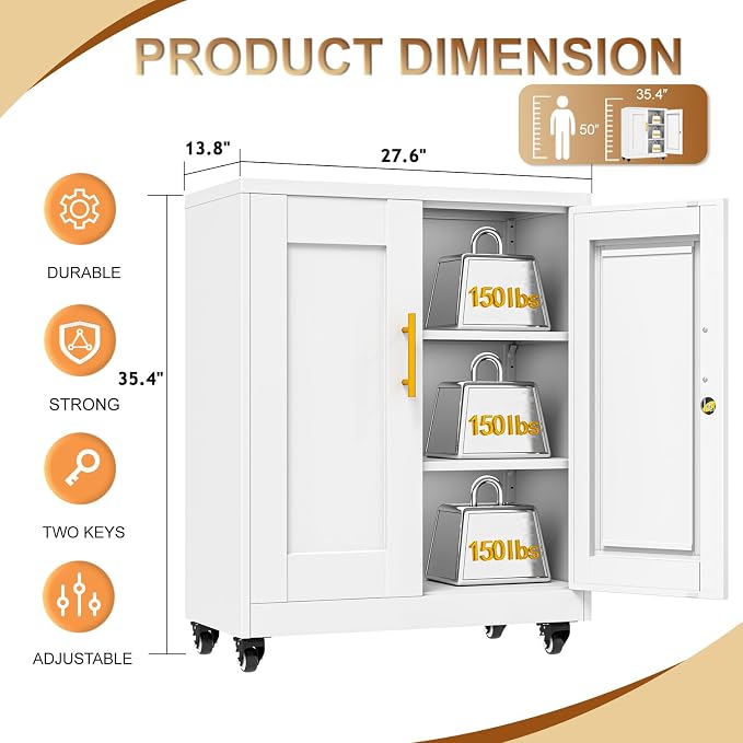 36" Metal Garage Storage Cabinet with Lock and Wheels,Rolling Steel Locker Organizer,Office File Cabinet with 2 Doors and 2 Adjustable Shelves,Tool Cabinets for Home Office,Gym,School (White)
