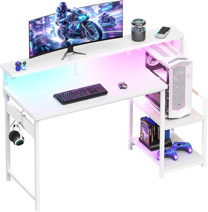 AODK 48 Inch Gaming Desk with LED Lights, Computer Desk with Storage Shelves, Reversible Desk with Monitor Stand, White