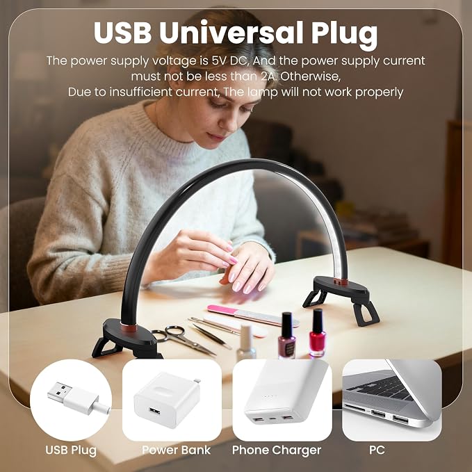 Yokilly Arc Half Moon Light: 16" Half Moon Light with Foldable Bracket for Desk Salon Table Use - No Flicker & Shadow-Free Desk Lamp with Stepless Brightness 3000-6500K for Manicurist Nail Tech