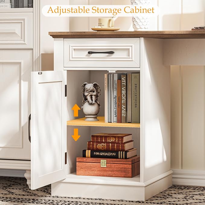 Vabches Farmhouse 59" L-Shaped Executive Desk with Drawers, Wood Home Office Corner Desk with File Drawer, Storage Cabinet, Rustic Computer Writing Desk for Home Office (Unique White)