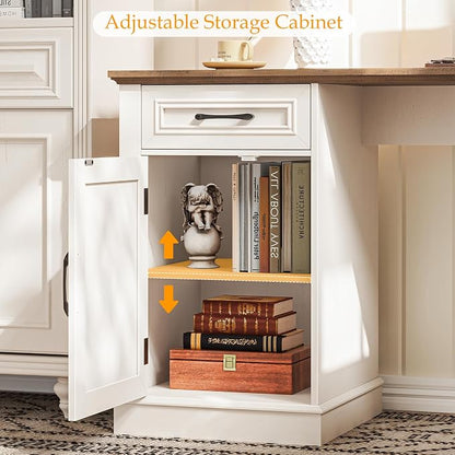 Vabches Farmhouse 59" L-Shaped Executive Desk with Drawers, Wood Home Office Corner Desk with File Drawer, Storage Cabinet, Rustic Computer Writing Desk for Home Office (Unique White)