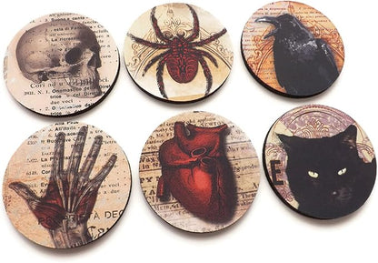 Halloween Home Decor Set of 4 or 6 Coasters Mousepad or Hardboard Skull Anatomical Heart Black Cat Raven Goth