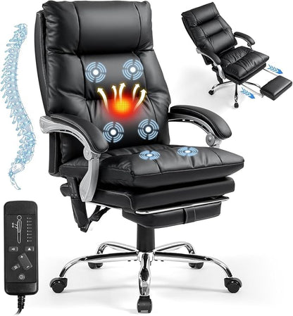 Massage Office Chair with Foot Rest, 400 LBS Ergonomic Executive Chair, High Back Reclining Leather Desk Chair with 135° Recline, 6-Point Vibration and Heat, Modern