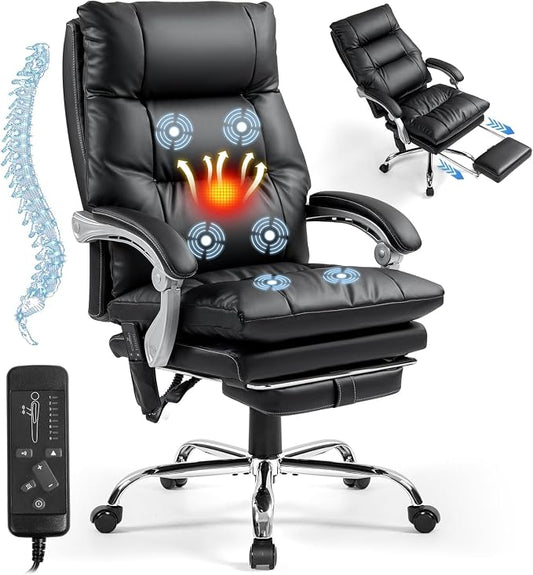 Massage Office Chair with Foot Rest, 400 LBS Ergonomic Executive Chair, High Back Reclining Leather Desk Chair with 135° Recline, 6-Point Vibration and Heat, Modern