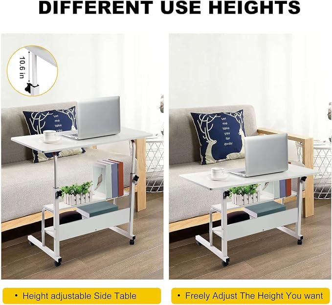 Adjustable Table Student Computer Portable Home Office Furniture Small Spaces Sofa Bedroom Bedside Desk Learn Play Game Desk on Wheels Movable with Storage Table Size 31.5 * 15.7 Inch,White D