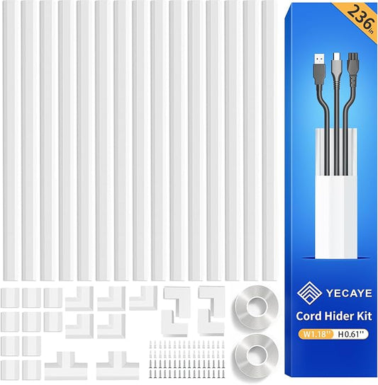 Yecaye TV Cord Hider, 236in Cord Cover, Large Cable Hider, Wire Covers for 4 Cords, Cable Raceway Wire Hider, Wire Hiders for TV on Wall, Cable Cover Cord Concealer, W1.18in H0.6in, White