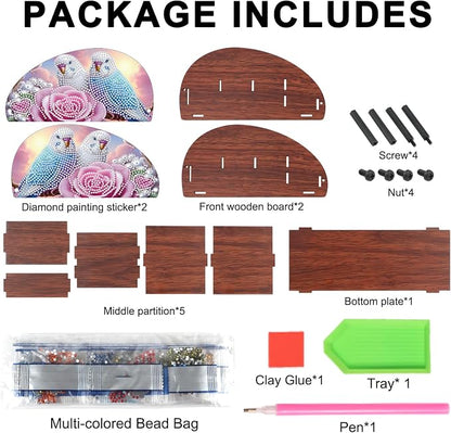 DIY Diamond Painting Tabletop Holder Lovebirds and Rose Design Handmade 5D Diamond Art Storage Box for TV AC Remotes Makeup Brushes Office Desktop Craft Valentine's Day Gift